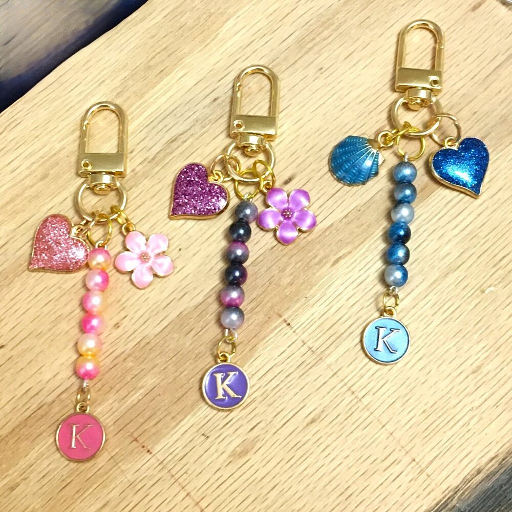Beautiful Heart Bag Charm or Keychain Personalized w/Letter, Pink, Blue